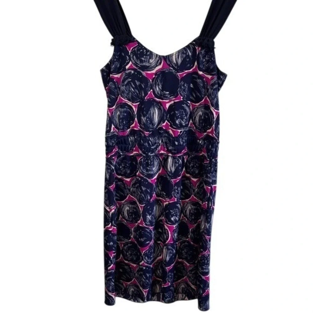 Tory Burch Silk Knit Sleeveless Dress Navy Pink‎ Floral Womens Size M Bow Fringe
